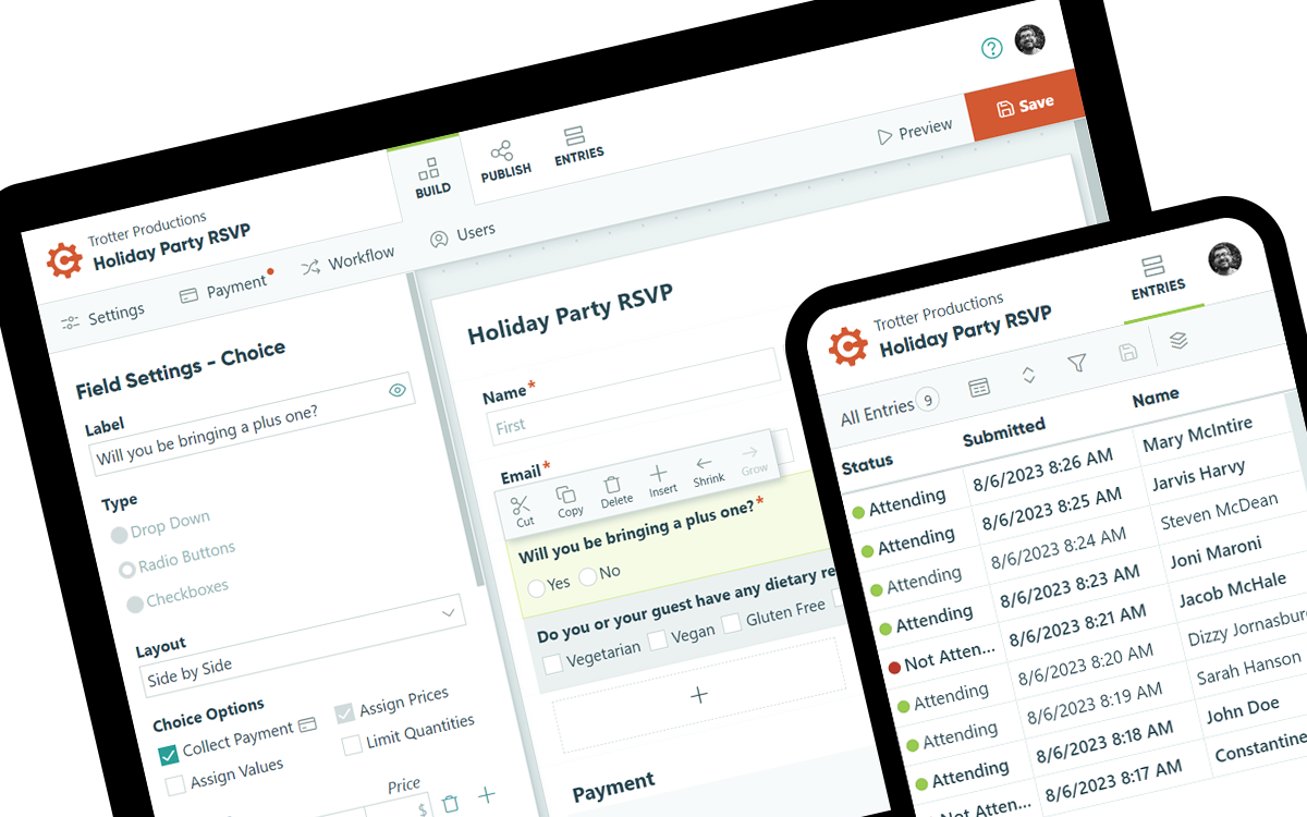 An illustration showing Cognito Form's form builder on desktop and a grid of submitted entries on mobile.
